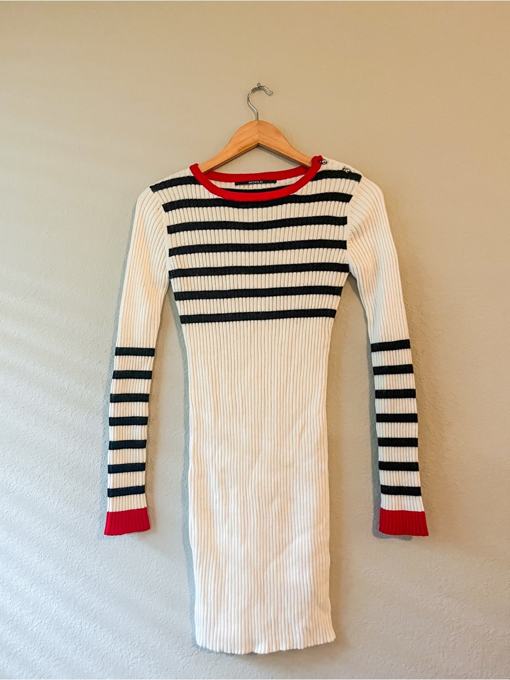 NICHOLAI Cashmere + Angora Striped Ribbed Knit Dress with Red Accents Size M